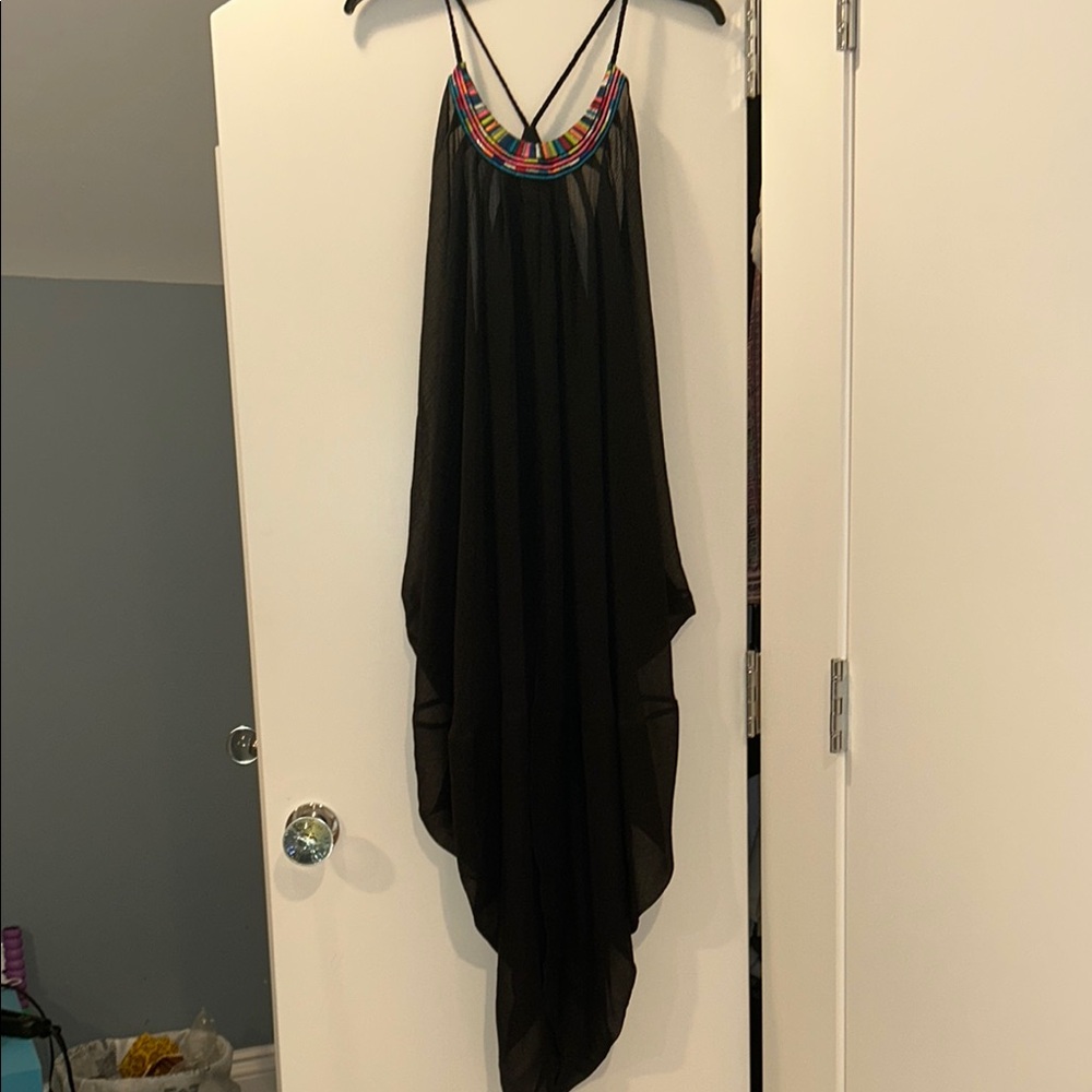 Black Sheer Halter Dress with Rainbow Trim
